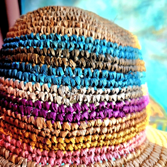 WYETH Multi COLORED Stripes Natural Straw RAFFIA Woven Pink TRIM SUN POOL Hat OS